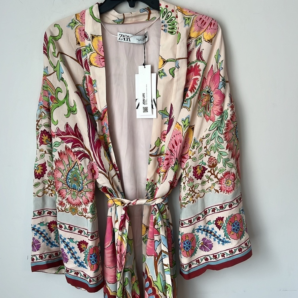 Zara floral white red kimono blogger‎ robe duster jacket size S New with Tags 🟢 - Picture 6 of 12